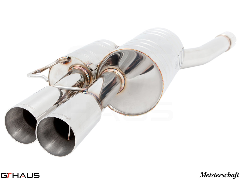Premium Meisterschaft exhaust system for BMW E60/61 550i, featuring polished stainless steel and dual tips.