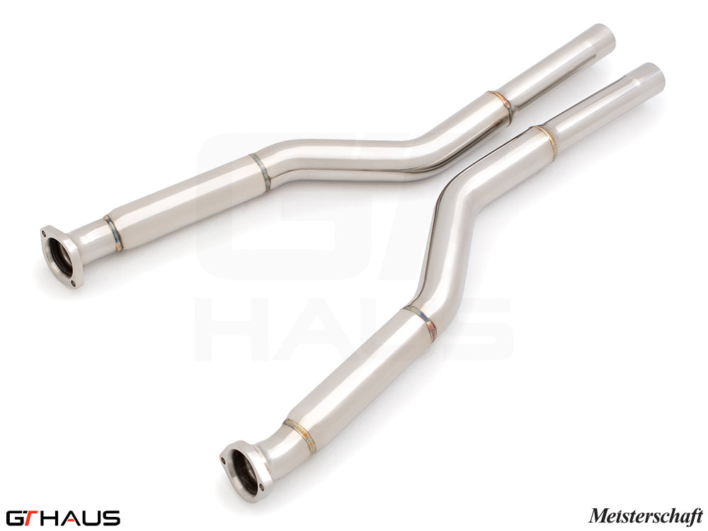 Premium stainless steel straight pipes for BMW E60 M5, designed to replace second catalytic converters for enhanced performance.