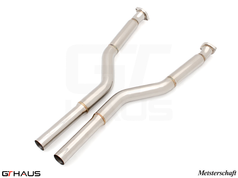 Premium stainless steel straight pipes for BMW E60 M5, replacing second cats for enhanced performance and sound.