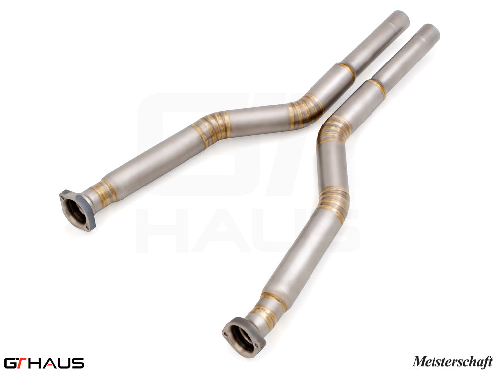 Premium stainless steel straight pipes for BMW E60 M5, designed to replace second catalytic converters for enhanced performance.