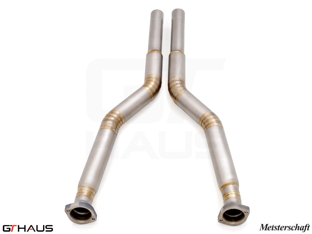 Premium stainless steel straight pipes for BMW E60 M5 Sedan 2006-2010, designed to replace second catalytic converters.