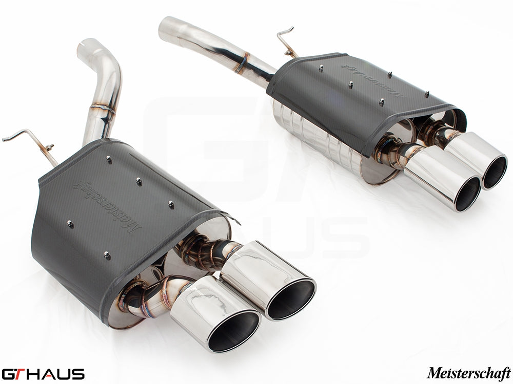 Premium Meisterschaft exhaust system for BMW E60 M5 Sedan V10, featuring dual polished tips and carbon fiber accents.