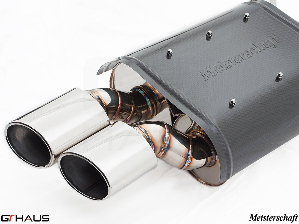 Premium Meisterschaft exhaust system for BMW E60 M5 Sedan V10, featuring polished dual tips and durable construction.