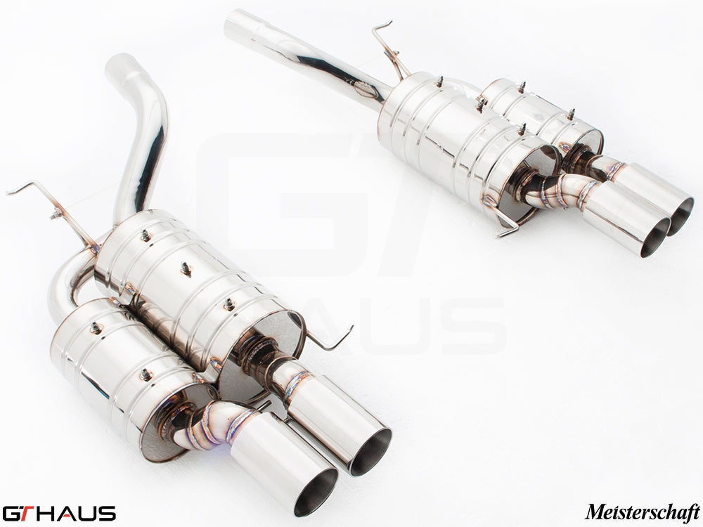 Premium exhaust system for BMW E60 M5 Sedan V10, featuring polished stainless steel construction and dual tips.