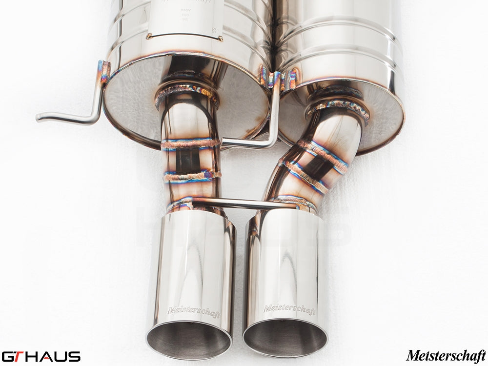 Premium Meisterschaft exhaust system for BMW E60 M5 Sedan V10, showcasing polished stainless steel construction and dual tips.