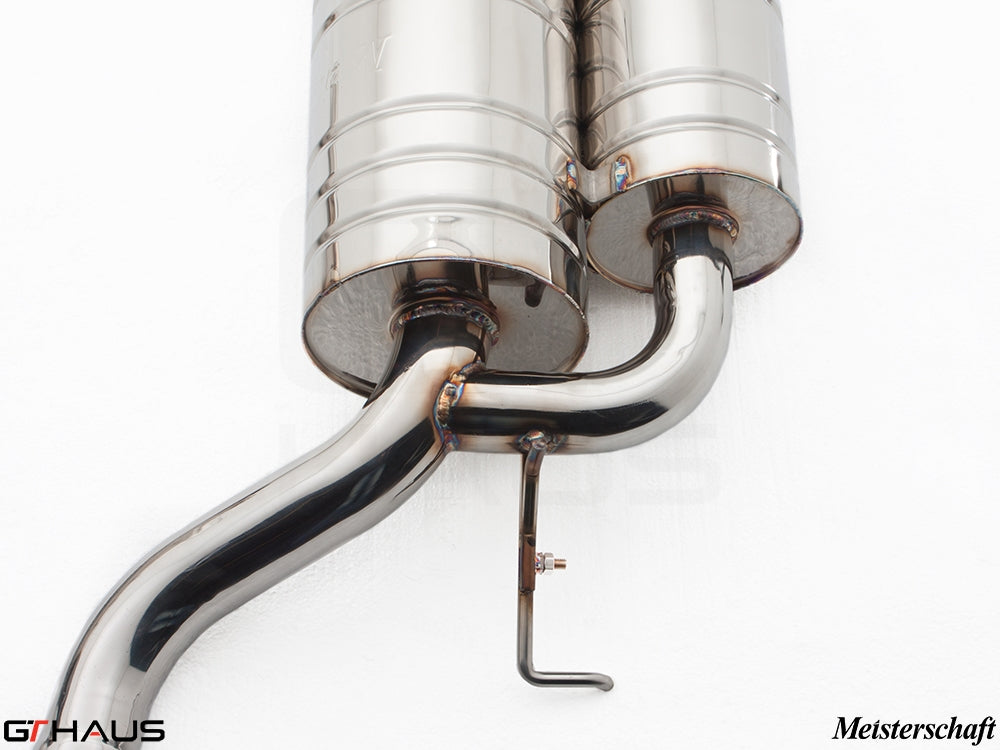 Premium stainless steel exhaust system for BMW E60 M5 Sedan V10, showcasing Meisterschaft craftsmanship and design.