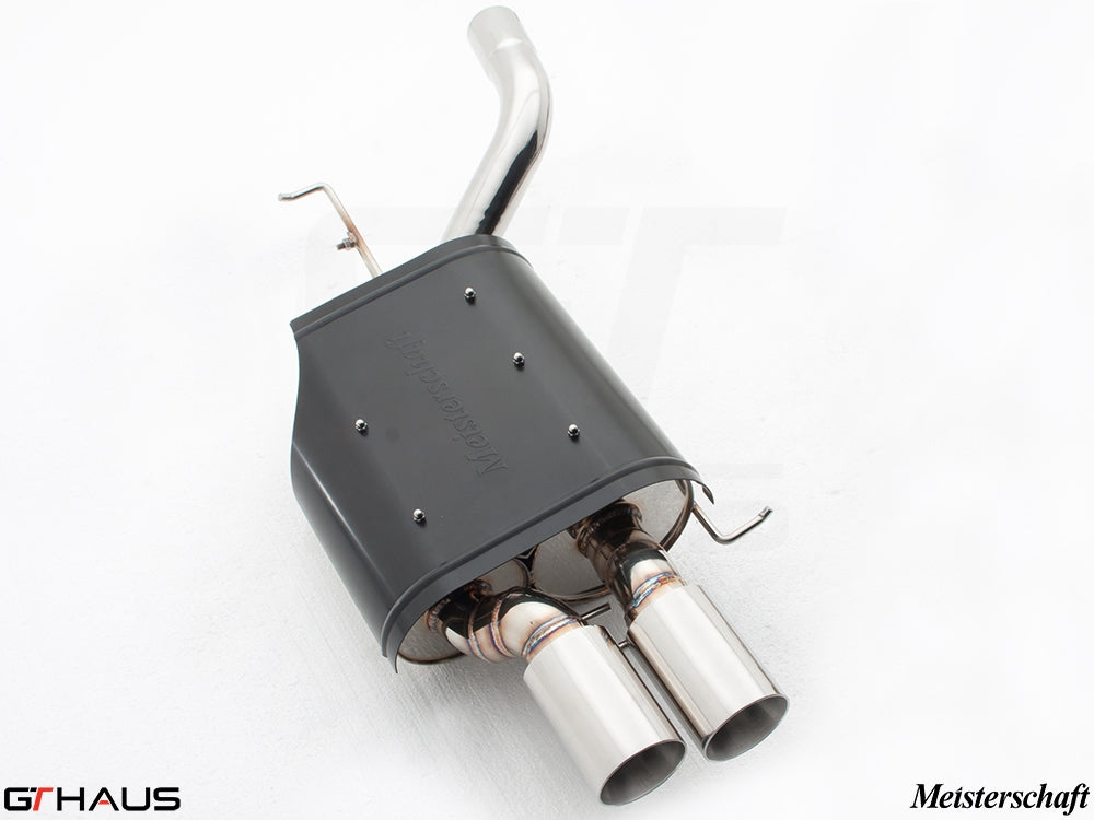 Premium Meisterschaft exhaust system for BMW E60 M5 Sedan V10, featuring dual polished tips and high-performance design.