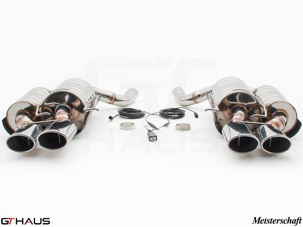 Premium Meisterschaft exhaust system for BMW E60 M5 Sedan V10, featuring dual tips and electronic valve control.