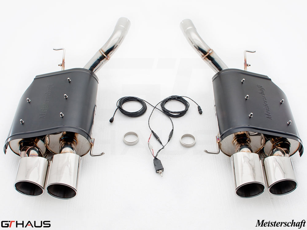 Premium Meisterschaft exhaust system for BMW E60 M5 Sedan V10, featuring dual tips and electronic valve control.