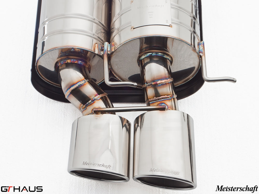 Premium Meisterschaft exhaust system for BMW E60 M5 Sedan V10, showcasing polished stainless steel tips and precision welding.