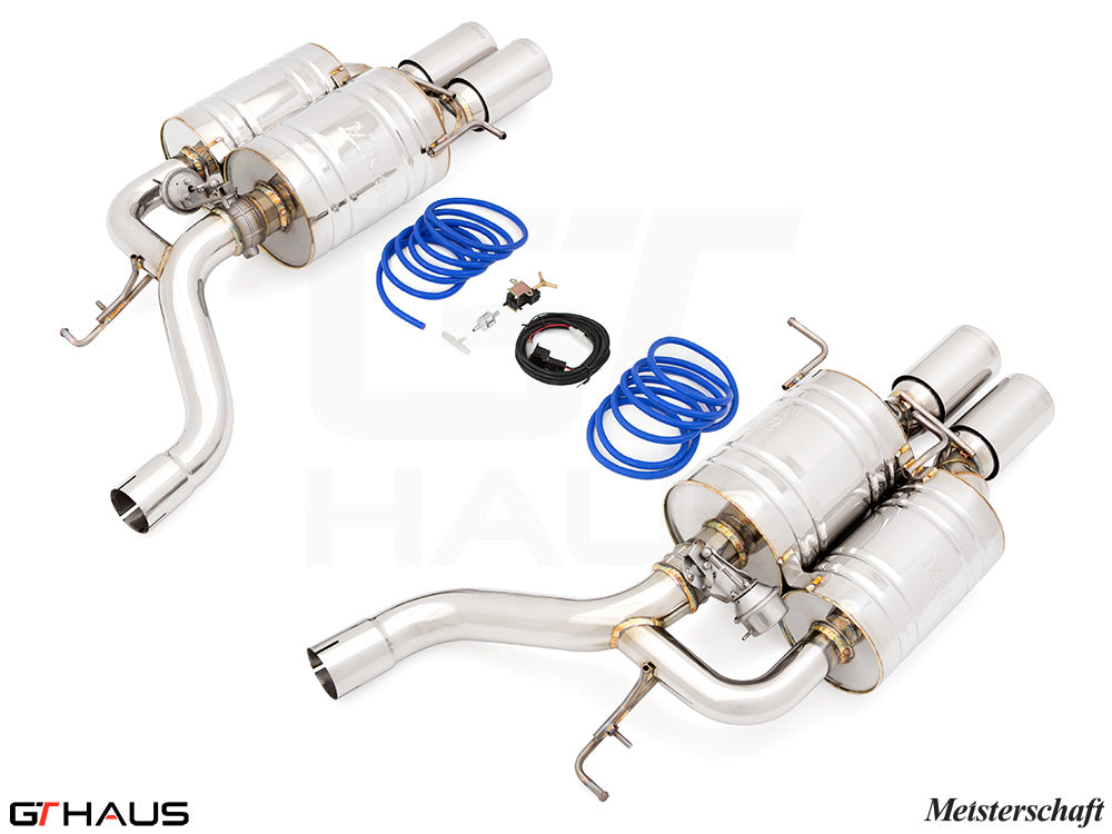 Premium Meisterschaft exhaust system for BMW E60 M5 Sedan V10, featuring stainless steel construction and electronic valve control.
