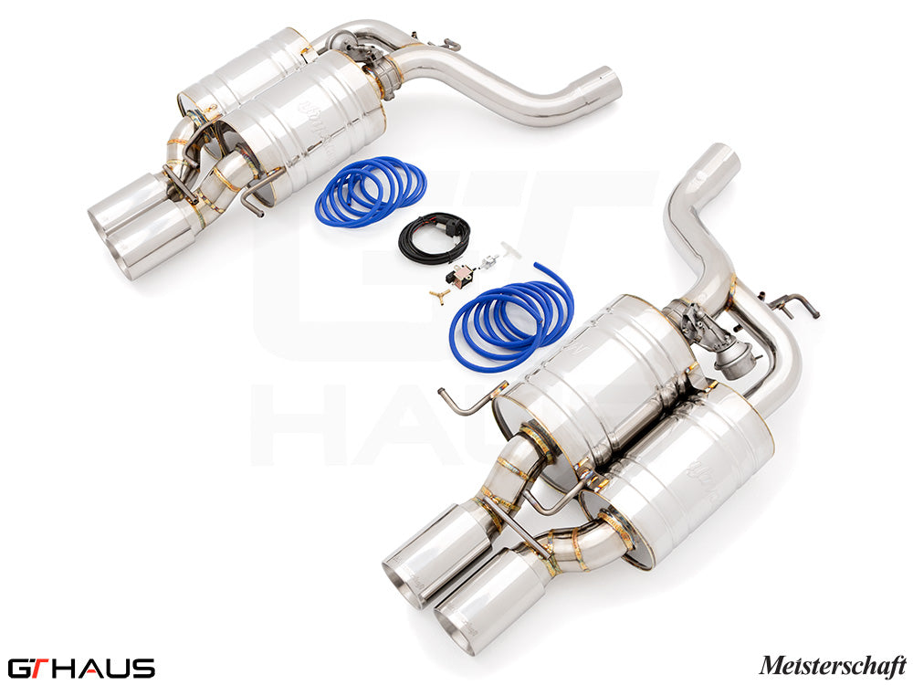 Premium Meisterschaft exhaust system for BMW E60 M5 Sedan V10, featuring polished stainless steel construction and dual tips.