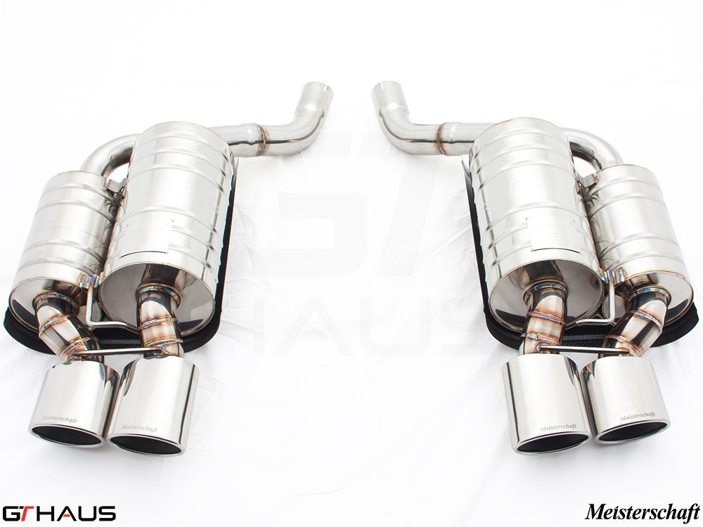 Premium Meisterschaft exhaust system for BMW E60 M5 Sedan V10, featuring polished stainless steel construction and dual tips.