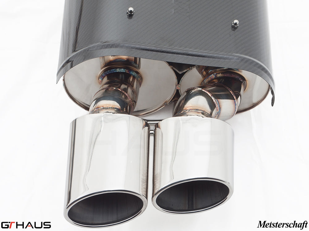 Premium exhaust system for BMW E60 M5 Sedan V10, featuring dual polished tips and carbon fiber accents.