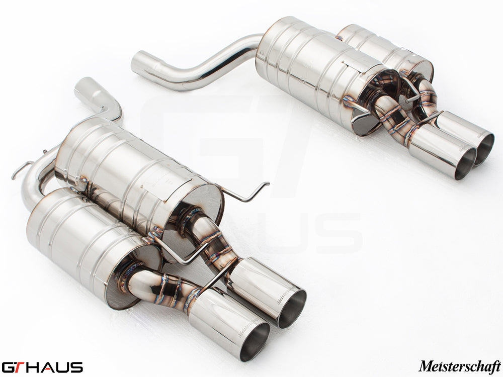 Premium Meisterschaft exhaust system for BMW E60 M5 Sedan V10, featuring polished stainless steel construction and dual tips.