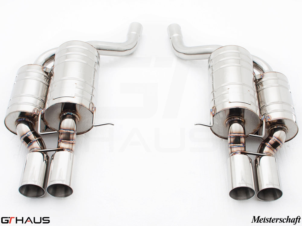 Premium stainless steel exhaust system for BMW E60 M5 Sedan V10, featuring dual tips and Meisterschaft branding.