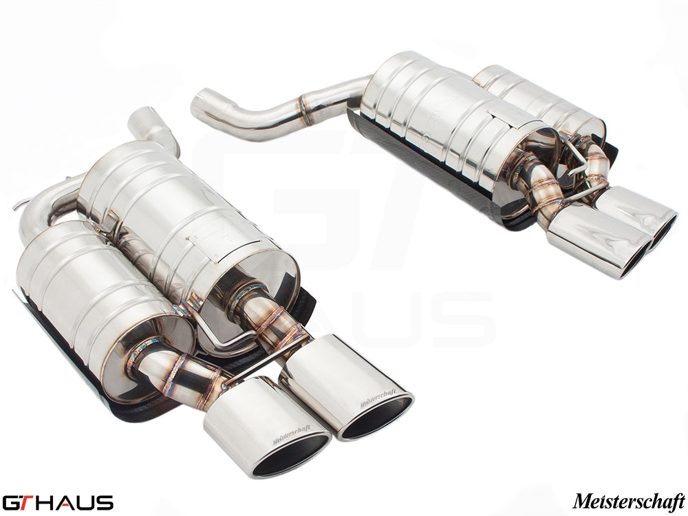 Premium Meisterschaft exhaust system for BMW E60 M5 Sedan V10, featuring polished stainless steel construction and dual tips.