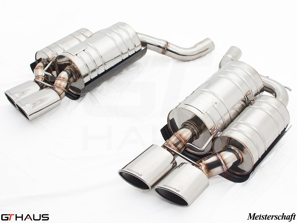 Premium Meisterschaft exhaust system for BMW E60 M5 Sedan V10, featuring polished stainless steel construction and dual tips.