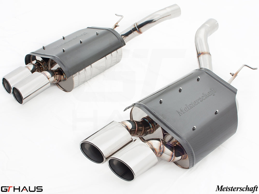 Premium Meisterschaft exhaust system for BMW E60 M5 Sedan V10, featuring stainless steel and carbon fiber design.