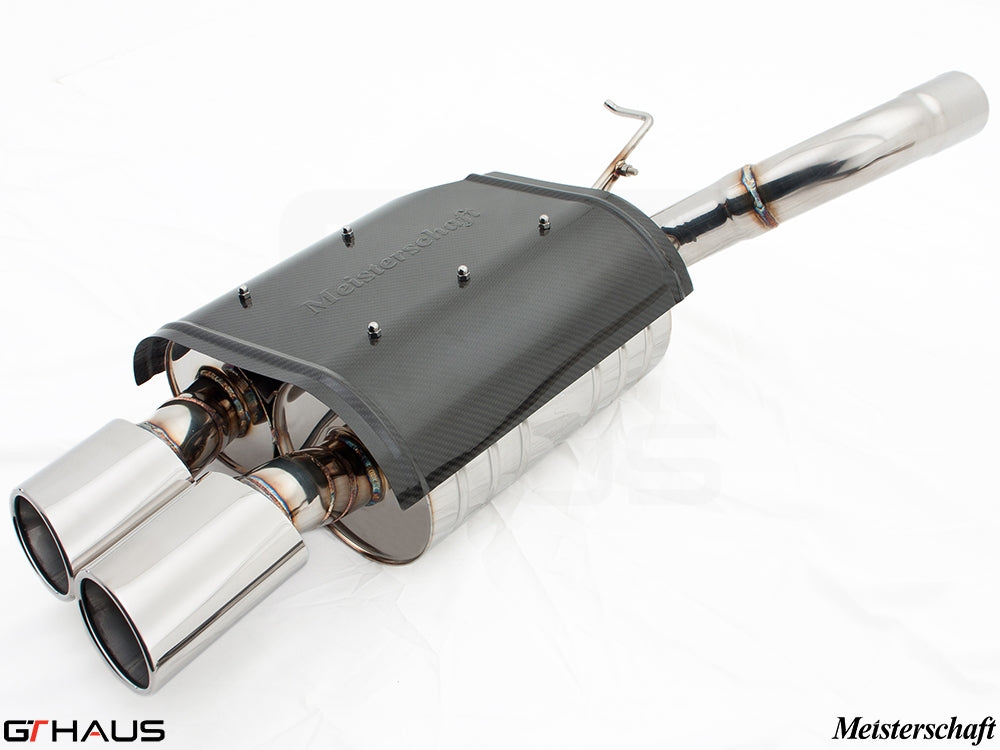 Meisterschaft exhaust system for BMW E60 M5 Sedan V10, featuring a carbon fiber design and dual polished tips.