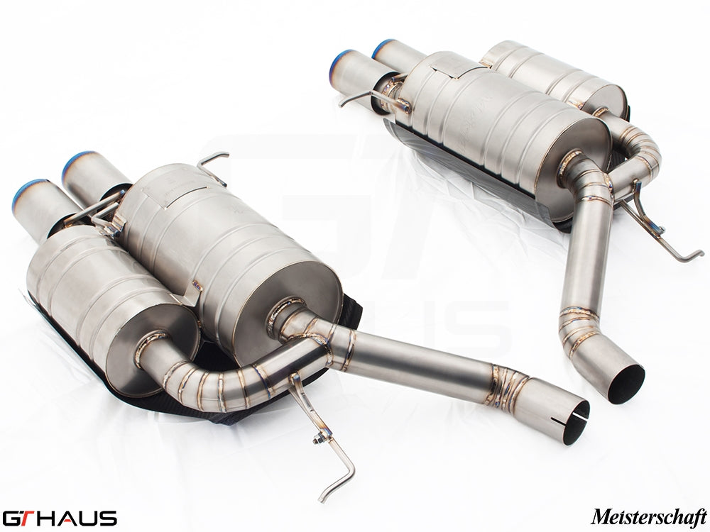 Premium Meisterschaft exhaust system for BMW E60 M5 Sedan V10, featuring high-quality stainless steel construction.
