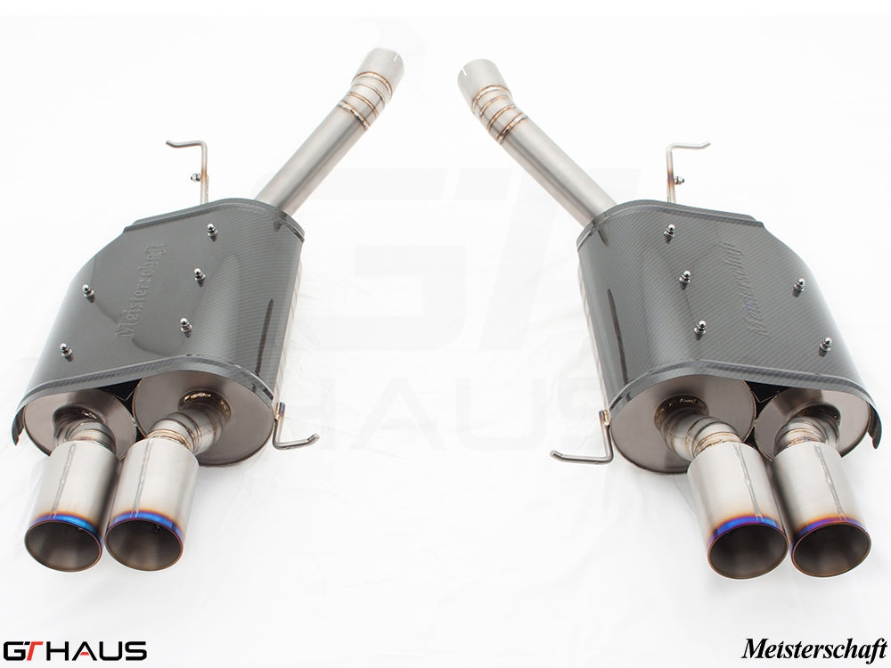 Premium Meisterschaft exhaust system for BMW E60 M5 Sedan V10, featuring dual tips and carbon fiber accents.