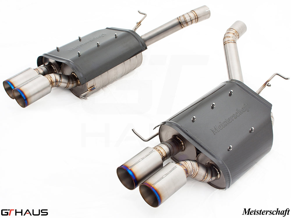 Premium Meisterschaft exhaust system for BMW E60 M5 Sedan V10, featuring stainless steel construction and dual tips.