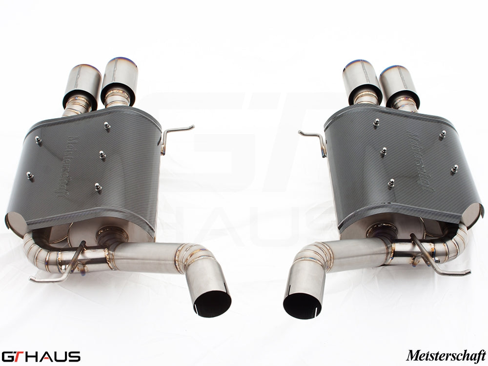 Premium Meisterschaft exhaust system for BMW E60 M5 Sedan V10, featuring stainless steel construction and dual tips.