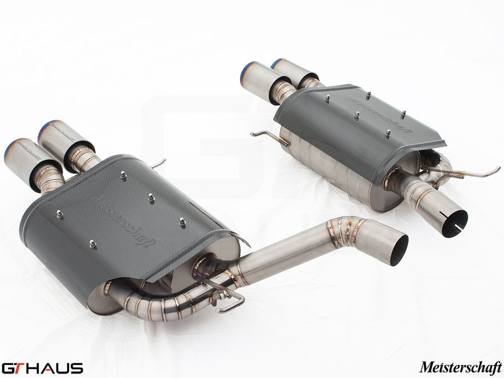 Premium Meisterschaft exhaust system for BMW E60 M5 Sedan V10, featuring stainless steel construction and dual tips.