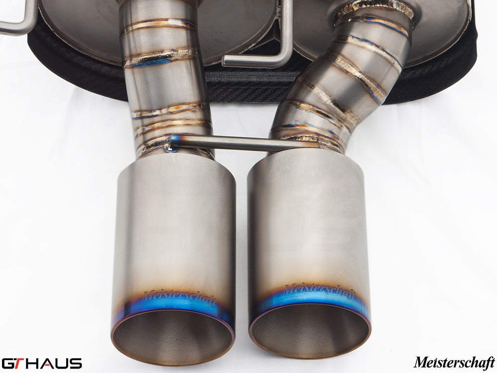 Premium exhaust tips for BMW E60 M5 Sedan V10, showcasing Meisterschaft craftsmanship and durable stainless steel design.