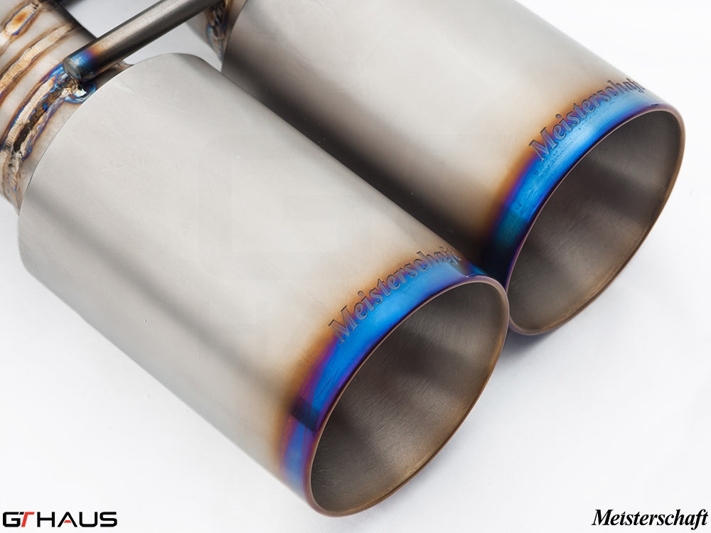 Premium Meisterschaft exhaust tips for BMW E60 M5 Sedan V10, showcasing high-quality stainless steel craftsmanship.