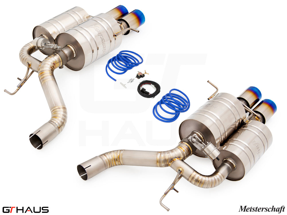 Premium Meisterschaft exhaust system for BMW E60 M5 Sedan V10, featuring stainless steel construction and blue-tipped outlets.