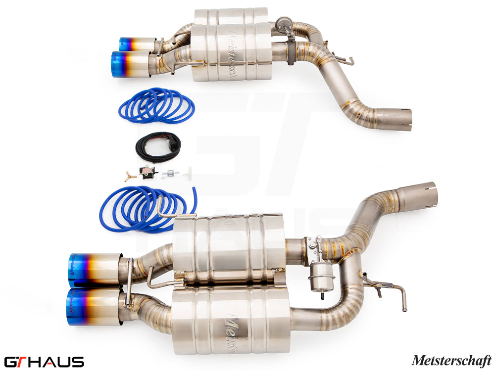 Premium Meisterschaft exhaust system for BMW E60 M5 Sedan V10, featuring stainless steel construction and electronic valve control.
