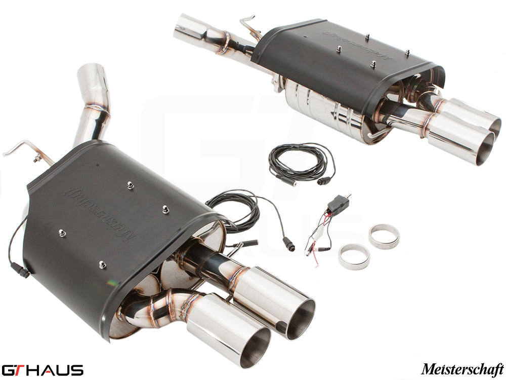 Premium Meisterschaft exhaust system for BMW E63/64 6 Series 645Ci/650Ci, featuring dual polished tips and electronic valve control.