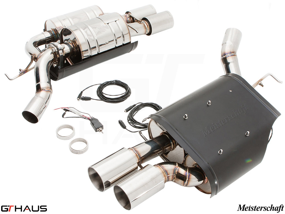 Premium Meisterschaft exhaust system for BMW E63/64 6 Series 645Ci/650Ci, featuring dual polished tips and electronic valve control.