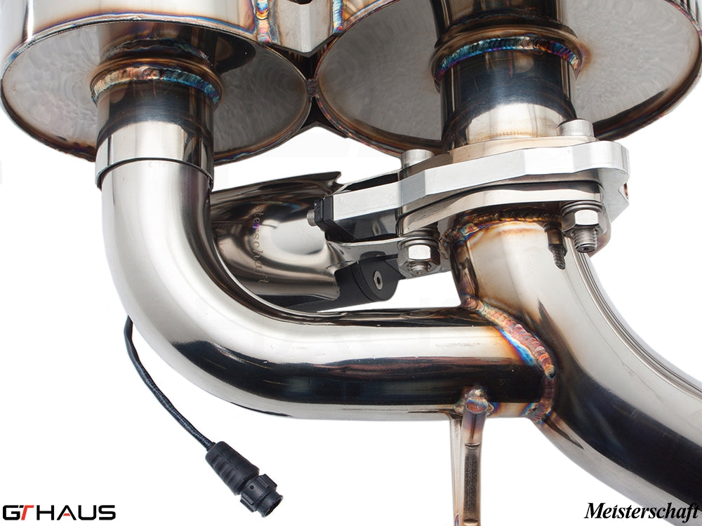 Premium exhaust system for BMW E63/64 6 Series 645Ci/650Ci, showcasing stainless steel construction and electronic valve control.