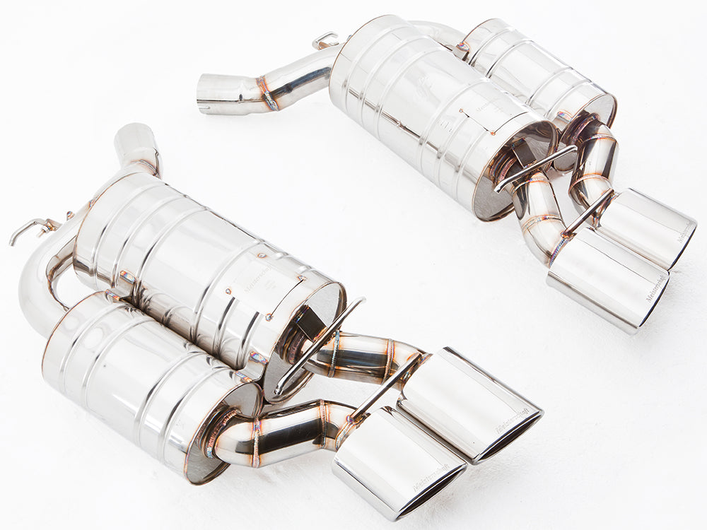 Premium exhaust system for BMW E63/64 6 Series 645Ci/650Ci, featuring polished stainless steel construction and dual tips.