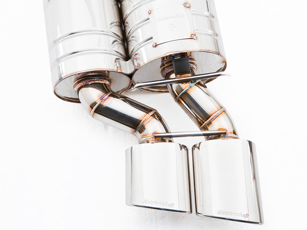 Premium Meisterschaft exhaust system for BMW E63/64 645Ci/650Ci, showcasing polished stainless steel and dual tips.