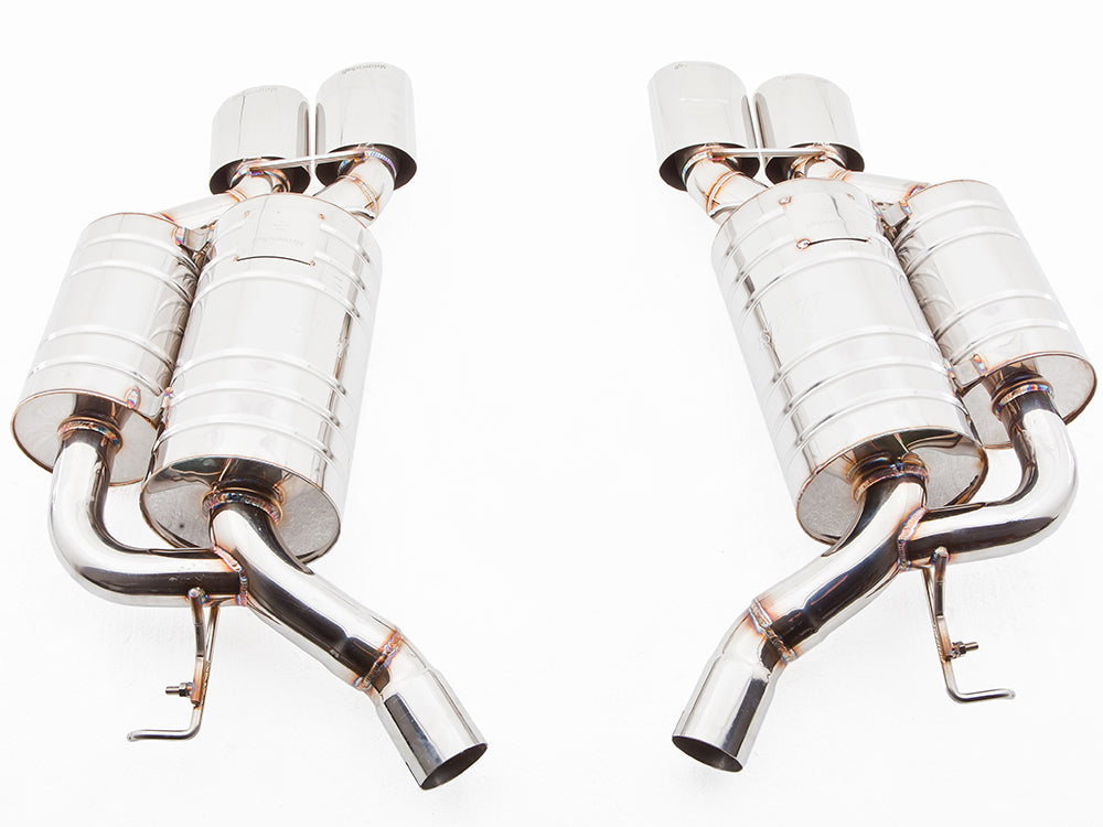 Premium performance exhaust system for BMW E63/64 6 Series 645Ci/650Ci, featuring stainless steel construction and dual tips.