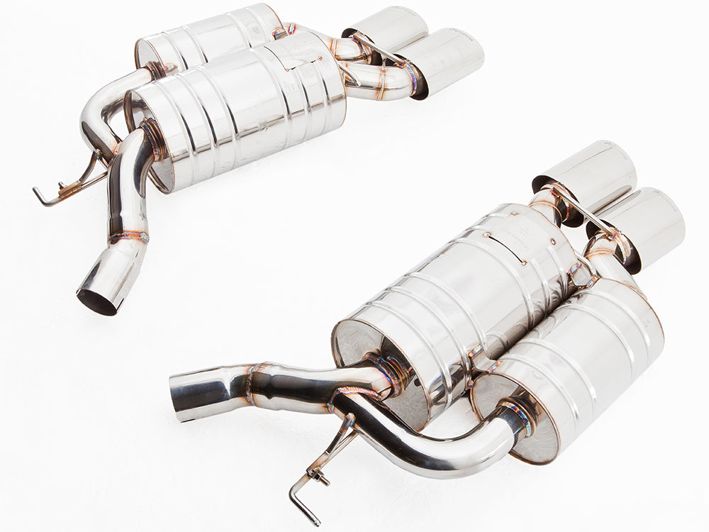 Premium performance exhaust system for BMW E63/64 6 Series 645Ci/650Ci, featuring stainless steel construction and dual tips.