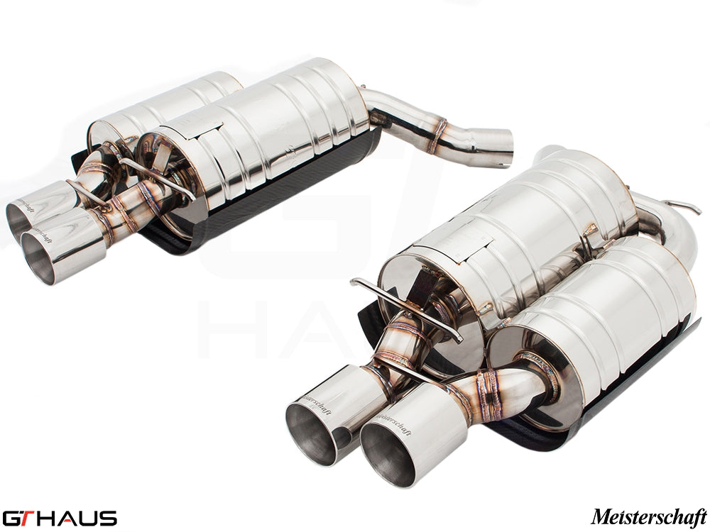 Premium performance exhaust system for BMW E63/64 6 Series 645Ci/650Ci, featuring stainless steel construction and dual tips.
