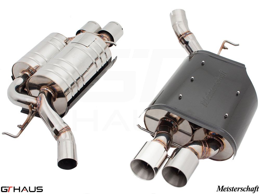 Premium exhaust system for BMW E63/64 645Ci/650Ci, featuring stainless steel and carbon fiber components.