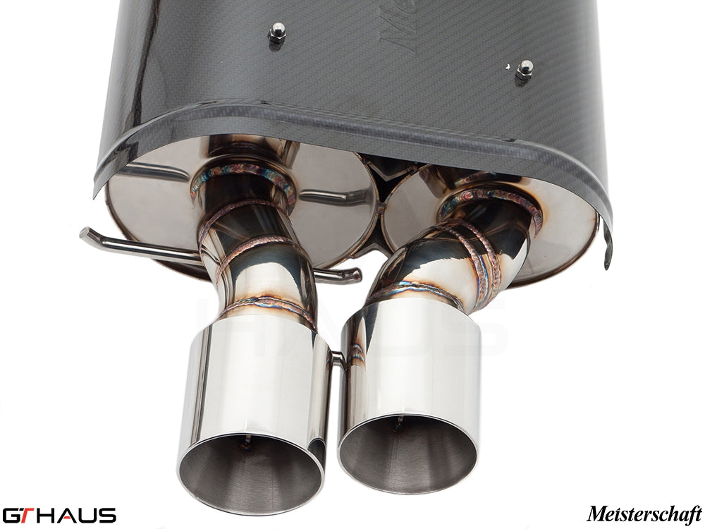 Premium Meisterschaft exhaust system for BMW E63/64 6 Series 645Ci/650Ci, showcasing dual polished tips and carbon finish.