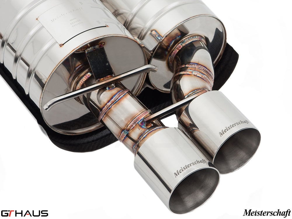 Premium Meisterschaft exhaust system for BMW E63/64 6 Series 645Ci/650Ci, showcasing polished stainless steel tips and craftsmanship.