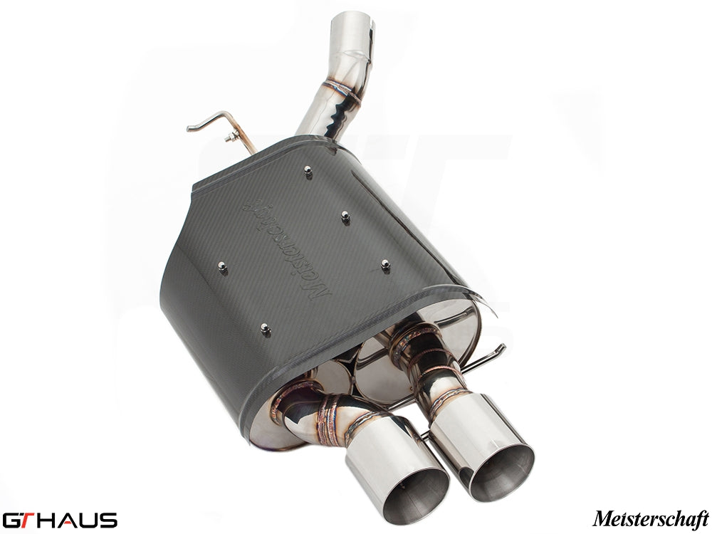 Premium Meisterschaft exhaust system for BMW E63/64 6 Series 645Ci/650Ci, featuring stainless steel and carbon fiber design.