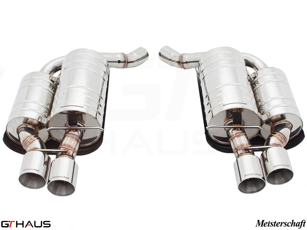 Premium exhaust system for BMW E63/64 6 Series 645Ci/650Ci, featuring polished stainless steel finish and dual tips.