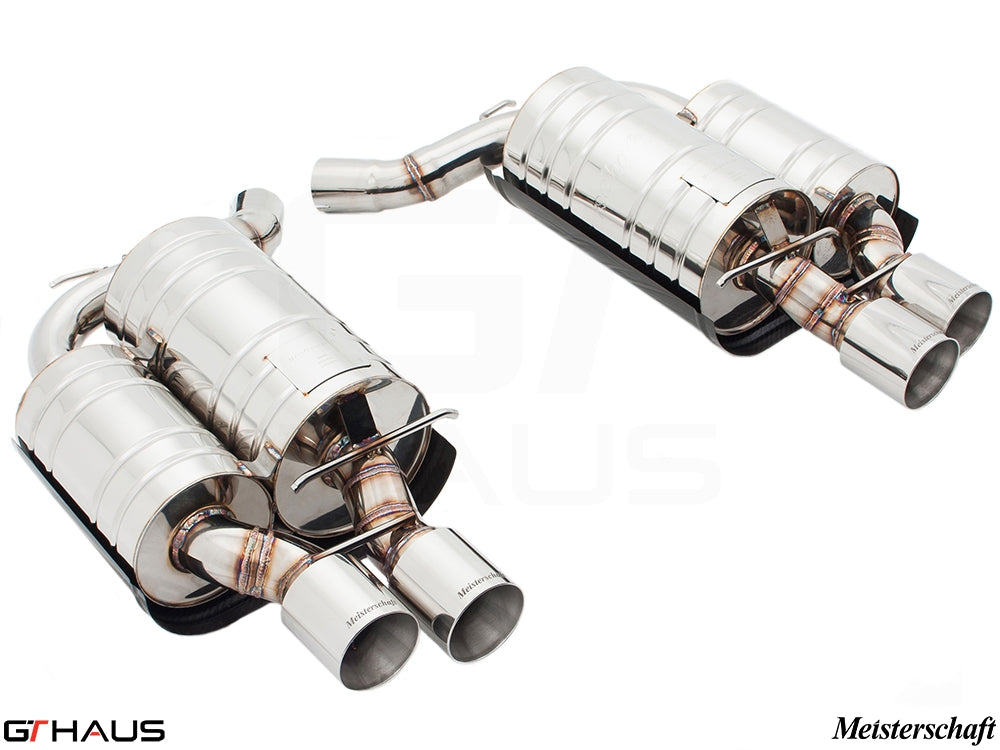Premium performance exhaust system for BMW E63/64 6 Series 645Ci/650Ci, featuring polished stainless steel and dual tips.
