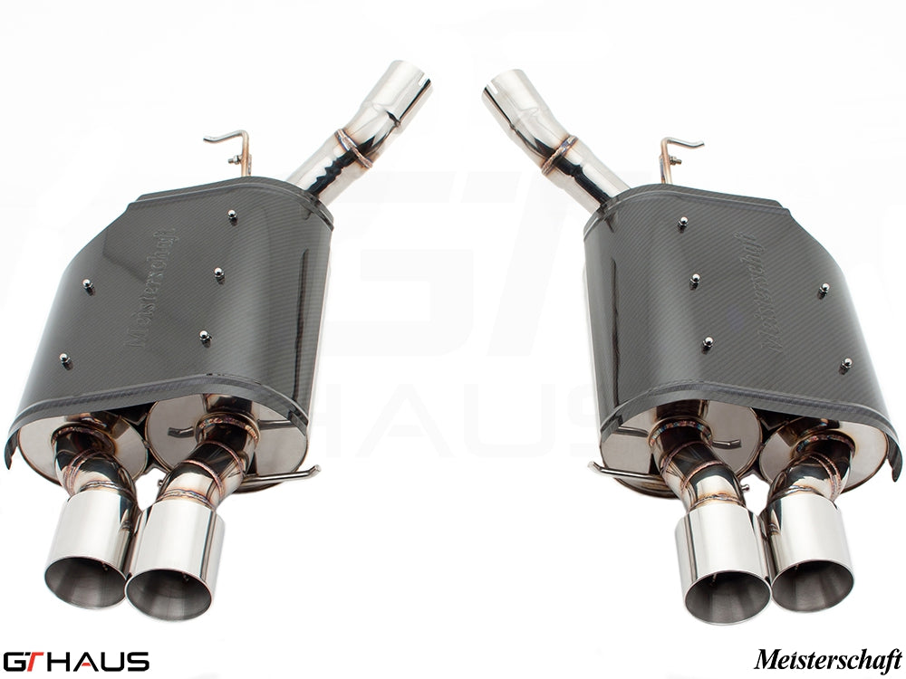 Premium Meisterschaft exhaust system for BMW E63/64 6 Series 645Ci/650Ci, featuring dual tips and carbon fiber design.