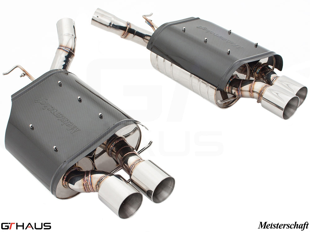 Premium Meisterschaft exhaust system for BMW E63/64 6 Series 645Ci/650Ci, featuring carbon fiber and polished tips.