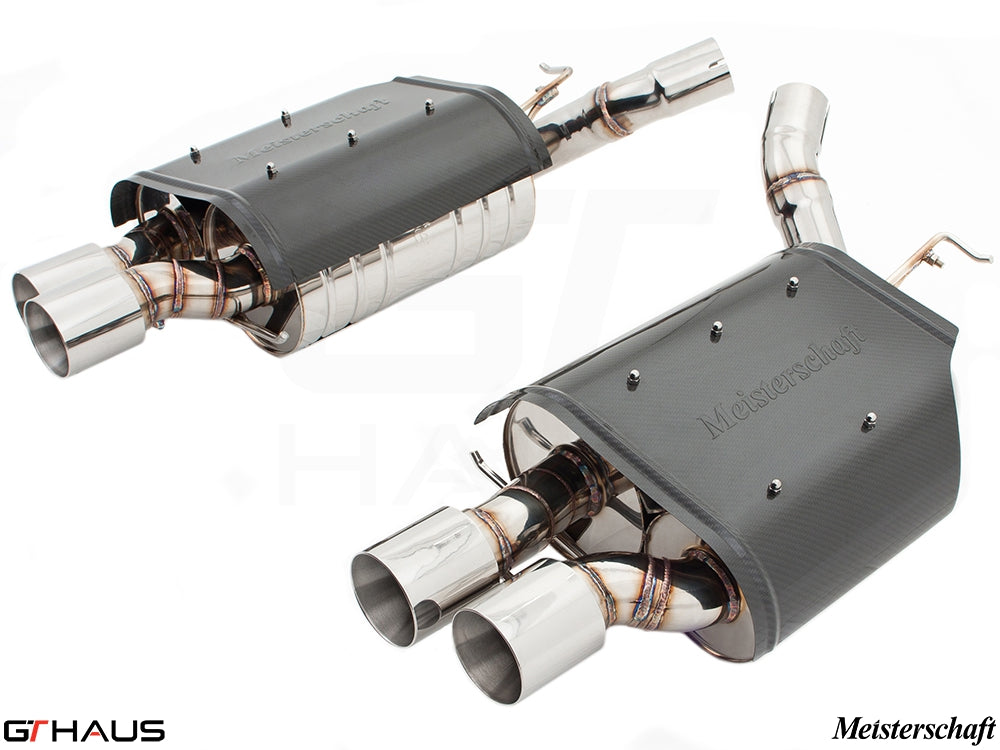 Premium Meisterschaft exhaust system for BMW E63/64 6 Series 645Ci/650Ci, featuring stainless steel and carbon fiber design.